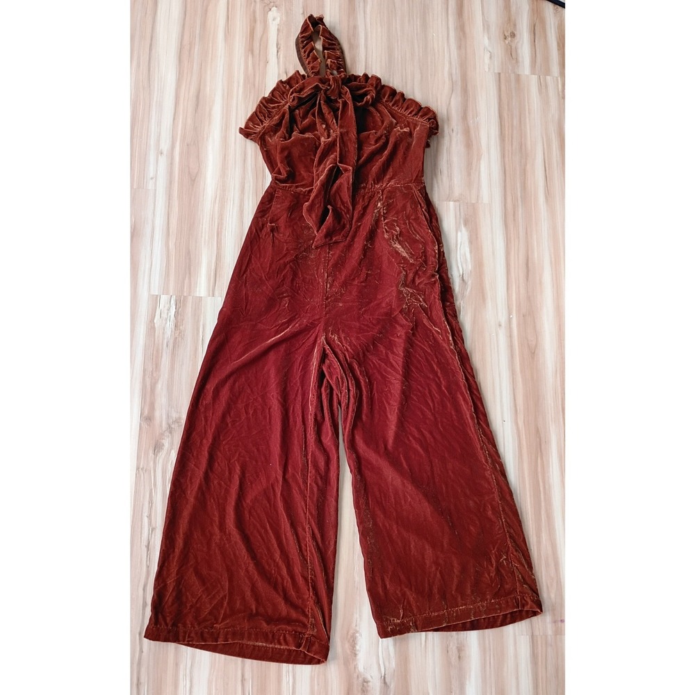 Anthropologie Kristinit Velvet Halter Jumpsuit Rust Orange Tie Neck Wide Leg M - Picture 7 of 10